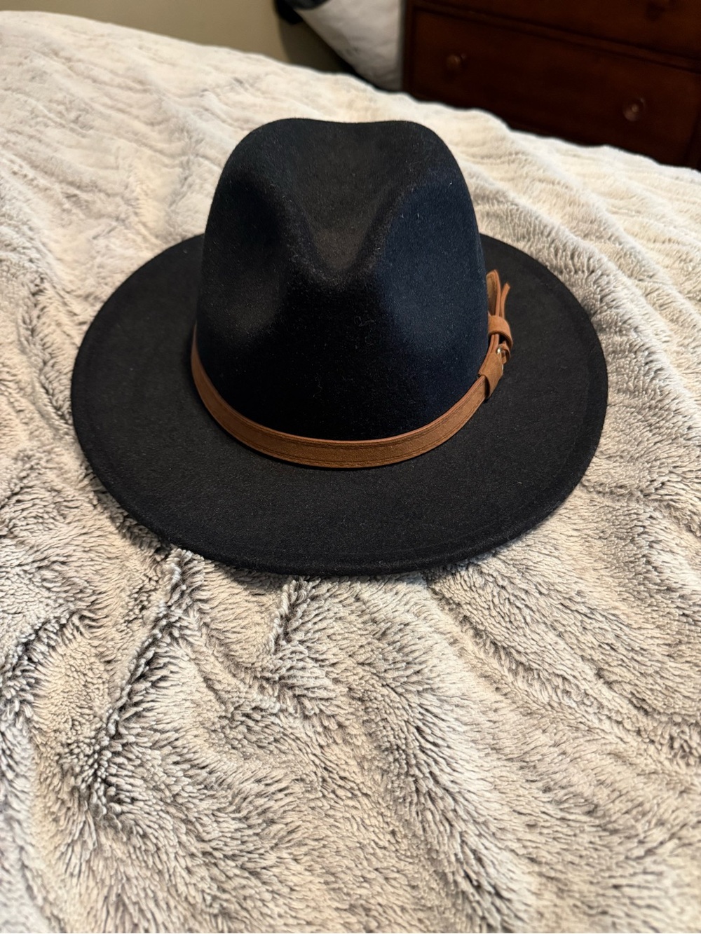 Black Wool Fedora with Brown Leather Band